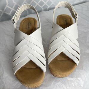 Clarks Collection Giselle Ivy White Leather Cork Wedge Sandals Size 7.5